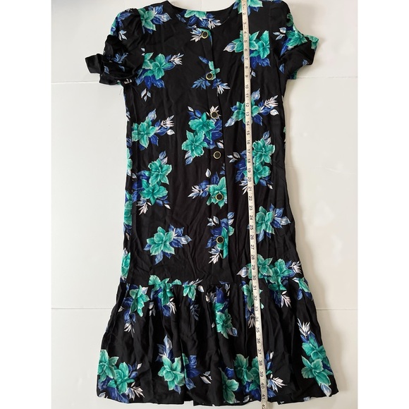 Vintage Dress Small Black Green Shift Hem Ruffle Button Down Padded Shoulder - Picture 5 of 10